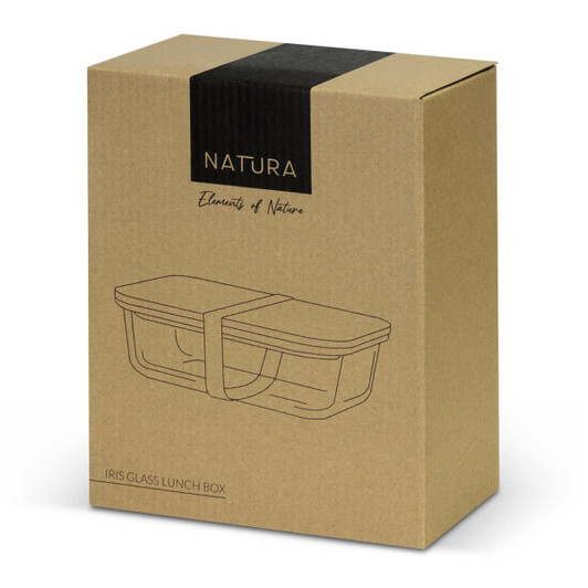 A kraft cardboard box containing a glass lunch box. The lunch box features a clear design and comes with a strap.