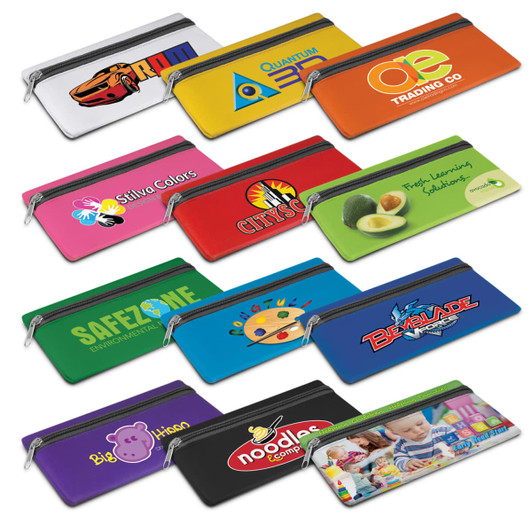 A collection of colorful Puma pencil cases featuring various designs and logos, each with a zip closure.