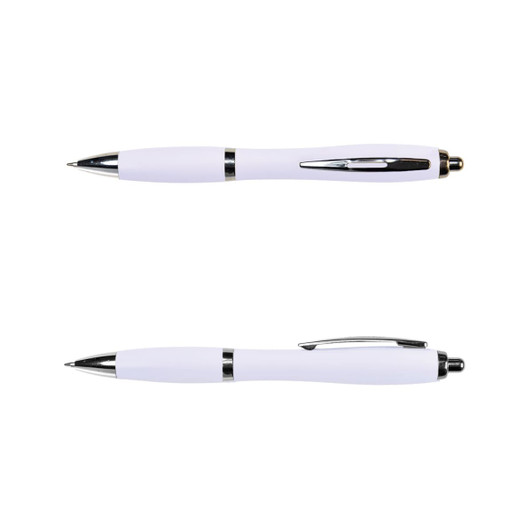 A white metal pen with chrome accents, featuring a sleek design and a push-button mechanism.