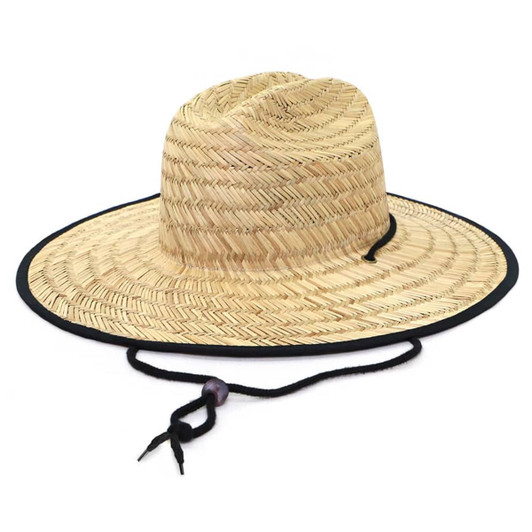 A straw hat with a wide brim and black chin strap, featuring a textured woven pattern.