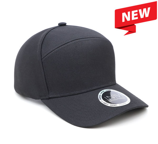 A black polycotton cap with a curved peak and a branding logo on the side.