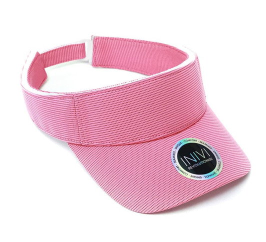 A pink visor with a removable sweat band and an emblem, featuring a textured design and adjustable strap.