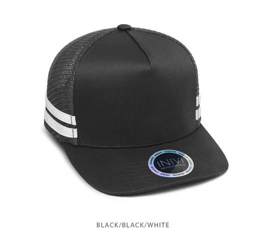 A black trucker cap with mesh panels and white stripe detailing. The cap features a logo on the front.