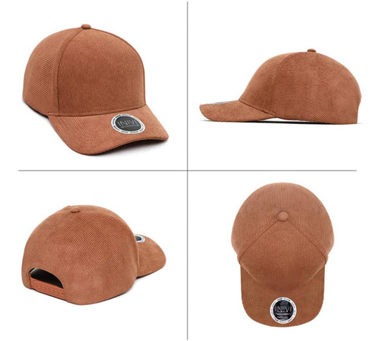 A brown cord cap featuring a round logo, displayed from multiple angles.