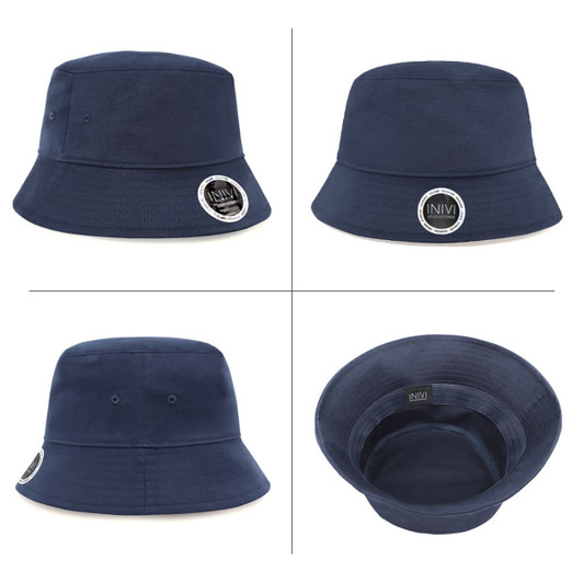 A navy bucket hat with a branded logo, featuring various angles including the interior view.