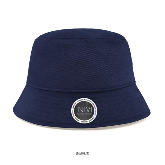 A navy bucket hat made from cotton and spandex, featuring a circular logo on the front.