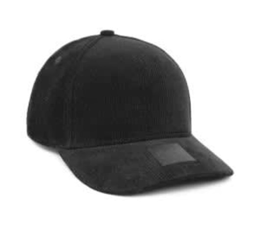 A black cap made from 100% cotton with a textured finish and a blank logo area.
