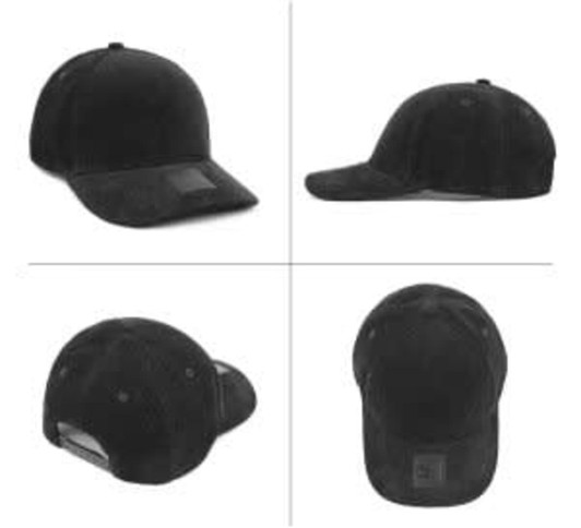 A black cap with a structured body and a logo, displayed from multiple angles.