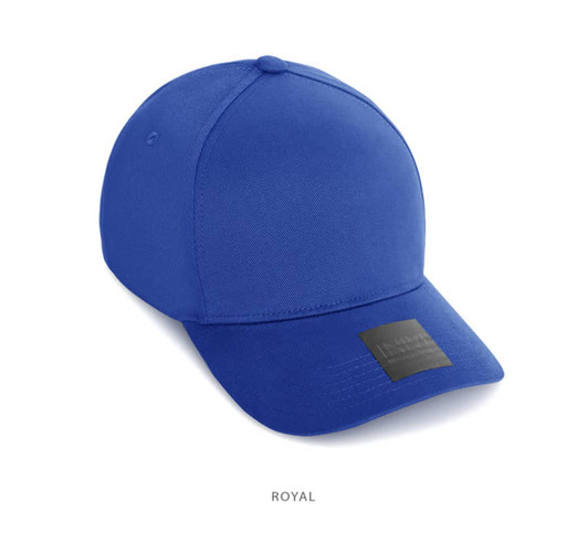 A blue cotton and spandex cap featuring a branded label on the front.