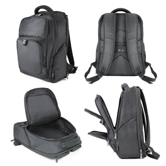 A dark grey organiser backpack with multiple compartments and padded straps, featuring zippers and a logo.