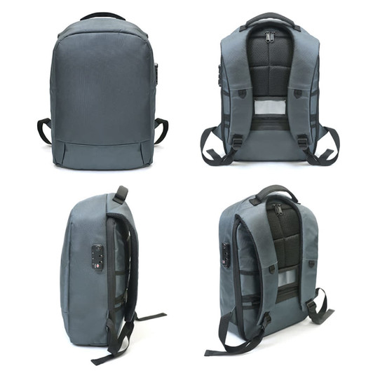 A grey Safe Travel Backpack featuring adjustable straps, multiple compartments, and a sleek design with branding.