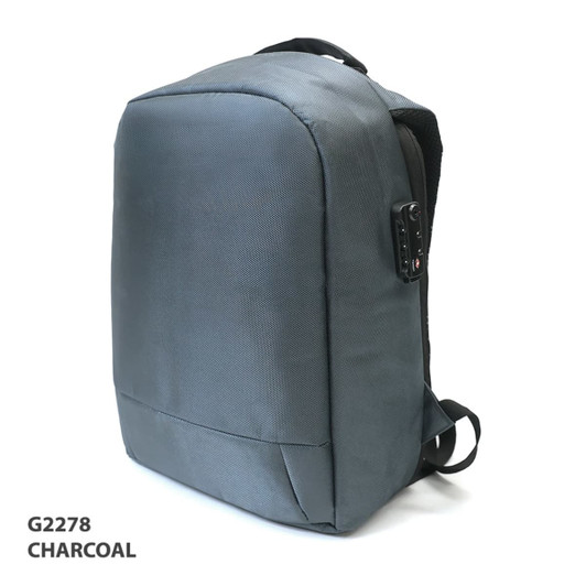A charcoal backpack with a side handle and a logo, featuring a sleek, modern design and sturdy straps.