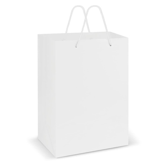 A large white laminated carry bag with cord handles and a blank surface for branding.