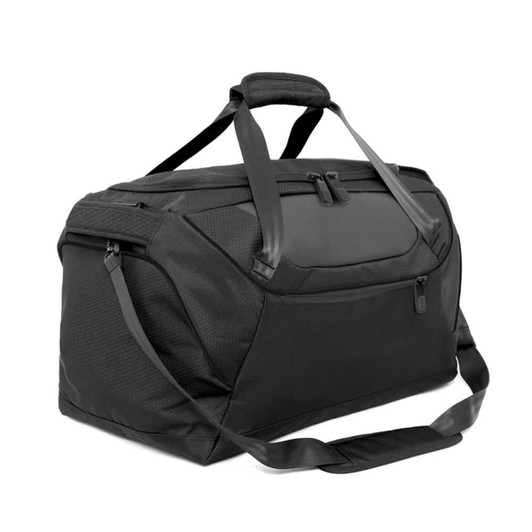 A black sports bag with multiple compartments, featuring handles and a shoulder strap, and a logo displayed on it.