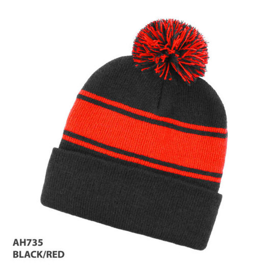 A black and red beanie with a pom-pom on top and two horizontal stripes. It features a logo on the side.