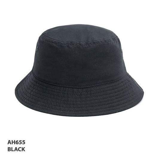 A black bucket hat with a wide brim and textured stitching, featuring a logo on the side.