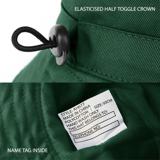 A green KINDY Hat featuring an elasticised half toggle crown and a name tag inside. It has a logo on the exterior.