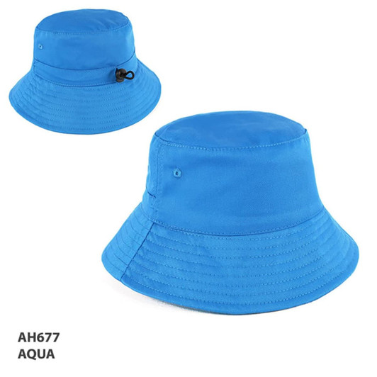 Aqua bucket hat with a wide brim, featuring a drawstring and branding logo.