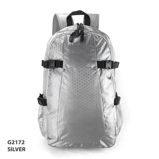 A silver backpack featuring a hexagonal pattern, adjustable straps, and mesh side pockets. It has a logo.
