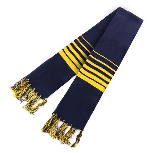 Acrylic scarf in navy blue with yellow striped patterns and fringe detailing. Features a branding logo.