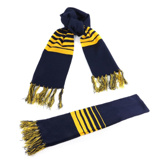 Acrylic scarf in navy blue with yellow stripes and fringed ends, featuring a matching accent piece.
