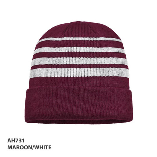 Acrylic beanie in maroon and white with horizontal stripes and a branded logo.