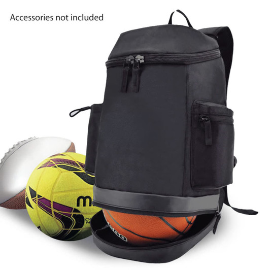 A black backpack with multiple compartments, featuring a zippered pocket and a lower section for sporting balls.