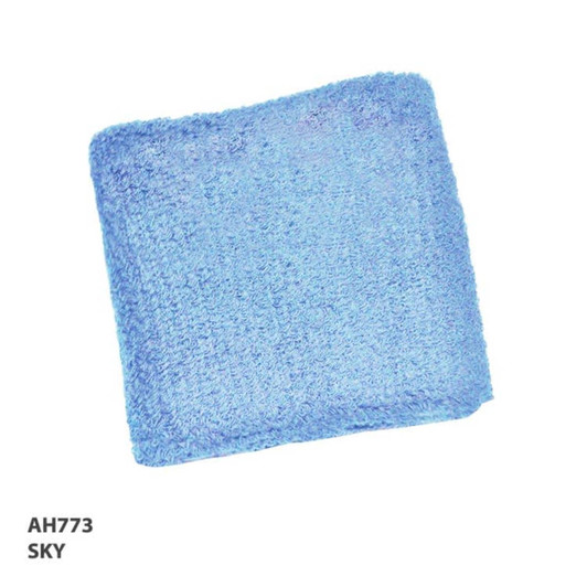 A light blue wrist band made of soft, textured material. It features a logo on one side.