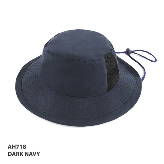 A dark navy microfibre bucket hat with a mesh panel and adjustable cord. It features a logo on the side.