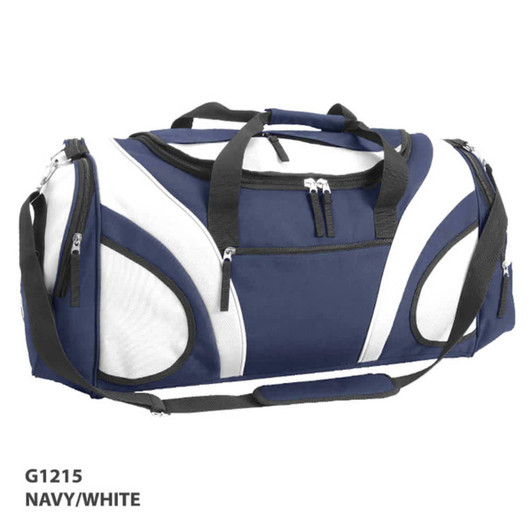 A navy and white duffle bag with multiple zippered compartments and a shoulder strap, featuring a logo.