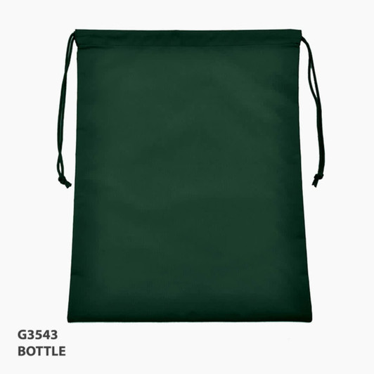 A drawstring bag in dark green, featuring a simple design and a logo. Suitable for various carrying needs.
