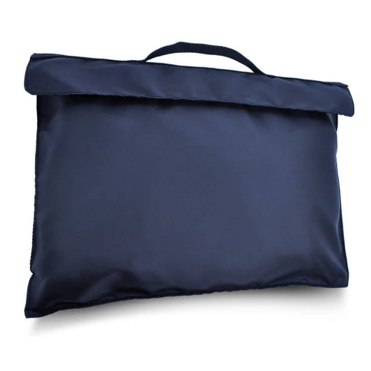 A navy blue library bag with a handle and a simple design. It features a logo on the front.