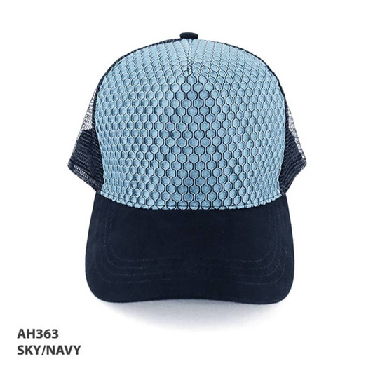 A trucker cap featuring a sky blue front and navy mesh sides, with a logo on the front.