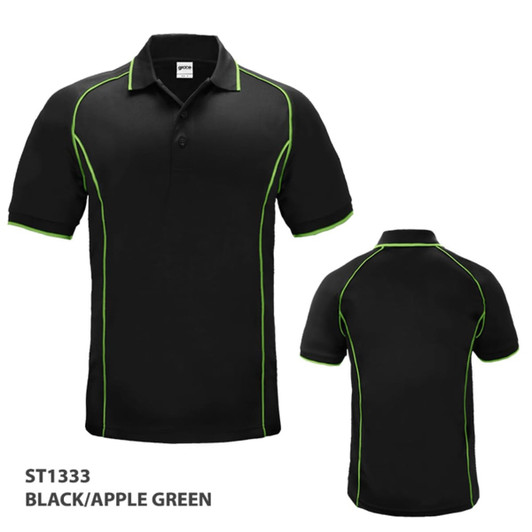 A black polo shirt with apple green detailing and a logo on the chest. Features short sleeves and a classic collar.