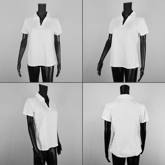 A white polo shirt displayed from multiple angles, featuring a collar and a logo.