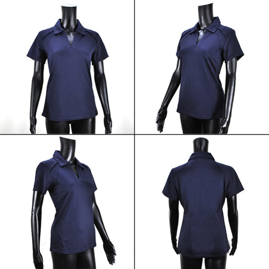 A navy blue polo shirt displayed from multiple angles on a mannequin, featuring a logo on the front.