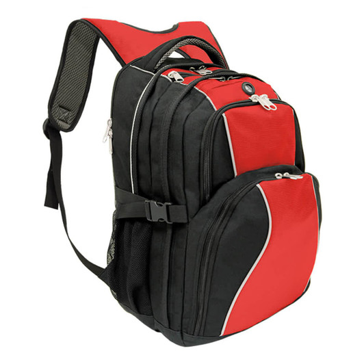 A black and red backpack featuring multiple compartments and mesh side pockets, with a logo on the front.