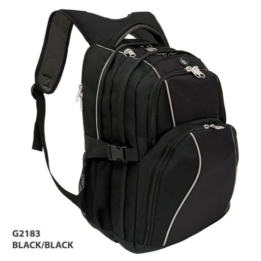 A black backpack with multiple compartments, zippers, and a logo, designed for practical use.