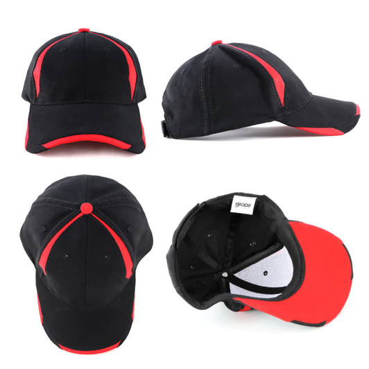 A black cap with red accents, featuring a logo and showing multiple angles, including an interior view.