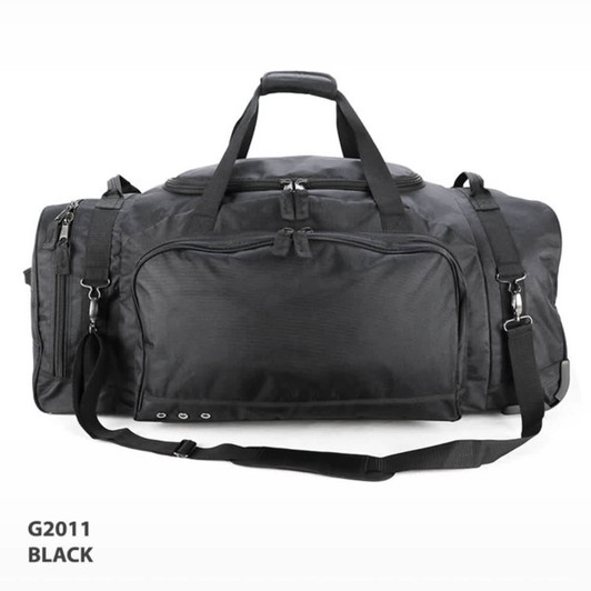 A black wheeled bag with multiple compartments and a detachable shoulder strap. It features a logo.