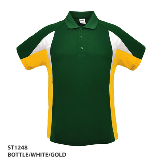 A green, white, and gold polo shirt featuring a logo on the chest. It has a classic collar and short sleeves.