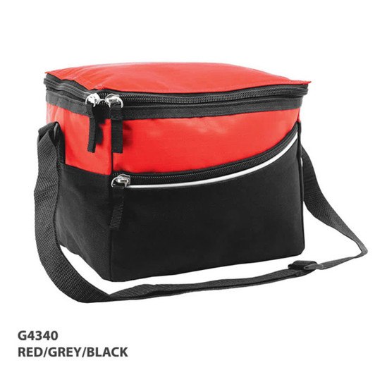A red and grey cooler bag with a black base, featuring zippers and a shoulder strap. Includes a logo.