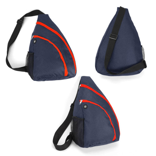 A navy and red slingpack featuring multiple zippered pockets and a shoulder strap. It has a mesh side pocket and a logo.