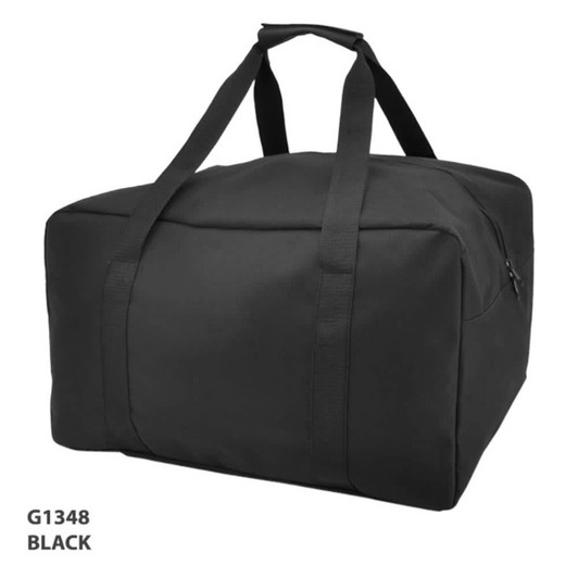 A black duffle bag with two sturdy handles and a zippered compartment, featuring a logo.