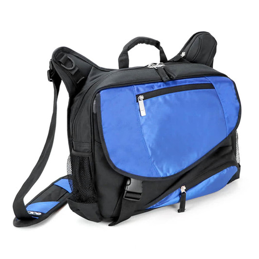 A wheeled bag featuring a black and cobalt blue design, with multiple compartments and a logo.