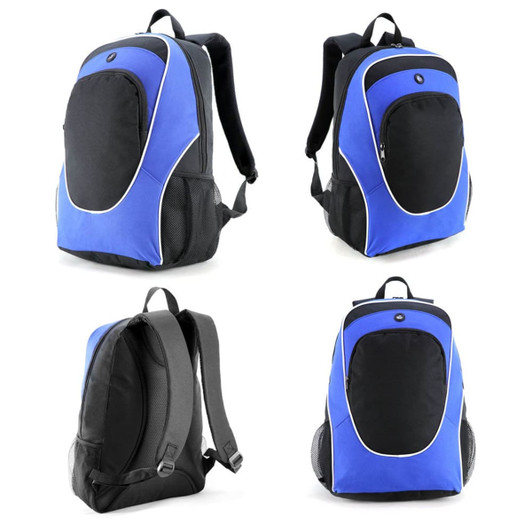 A blue and black backpack with adjustable straps and multiple compartments, featuring a logo on the front.
