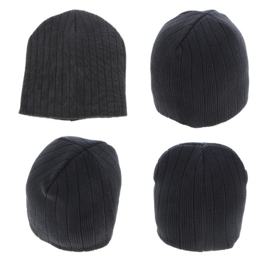 A black ribbed beanie featuring a logo, displayed from multiple angles. Made from 100% cotton.