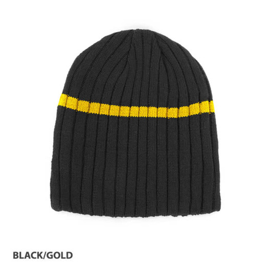 Acrylic cable knit beanie in black with a gold stripe, featuring a logo.