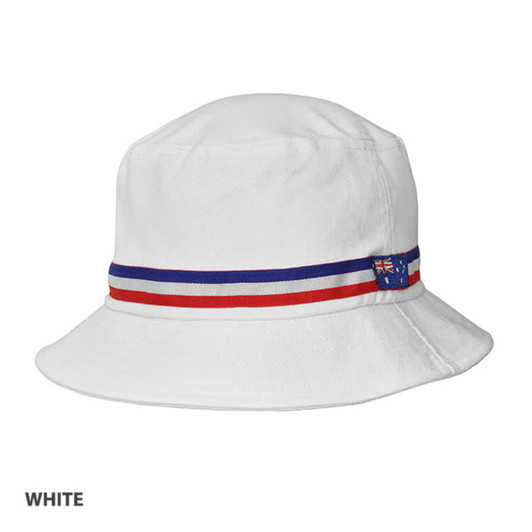 A white bucket hat featuring a contrasting band with red, blue, and a small logo. Suitable for casual wear.