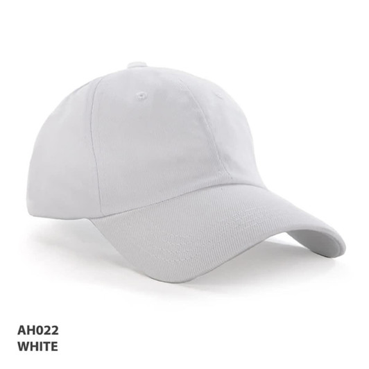 A white unstructured cap with a curved brim and a branding logo on the front.